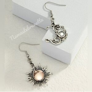 Sun & Moon Silver Wire Wrapped Stone Dangle Drop Earrings